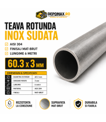 Teava rotunda inox sudata AISI 304, 60.3 x 3 mm, 6 metri Teava rotunda inox sudata AISI 304, 60.3 x 3 mm, 6 metri